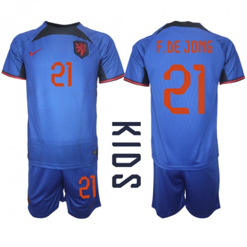 Nederländerna Frenkie de Jong #21 Bortaställ Barn VM 2022 Kortärmad (+ Korta byxor)